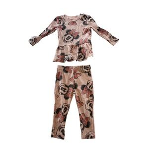 Disney Baby Minnie Mouse Pink Ribbed Long‎ Sleeve Peplum Top Pants Set 24M